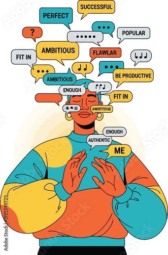 Illustration of a Person Overwhelmed by Societal Expectations and Internal Thoughts