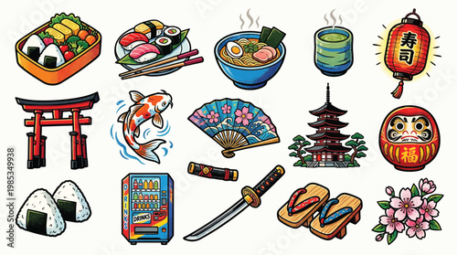 A vibrant collection of Japanese cultural icons and symbols, including food, landmarks, and traditional items, presented in a colorful illustration style.