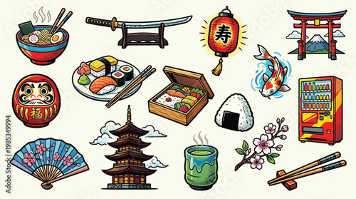 A vibrant collection of Japanese cultural icons and symbols, including food, traditional art, and iconic landmarks, presented in a colorful illustration.