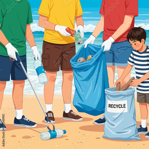 Volunteers cleaning beach, collecting plastic bottles and cans for recycling