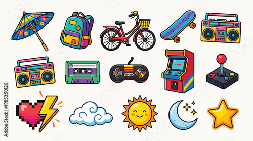 A vibrant collection of retro-inspired 80s and 90s pop culture icons, including a boombox, cassette tape, arcade game, and bicycle.