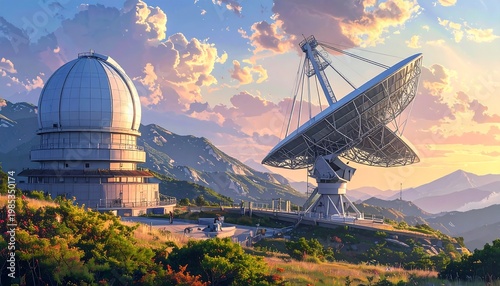 A scenic vista showcasing astronomical structures atop a mountain range, bathed in the warm light of sunrise/sunset, with lush greenery
