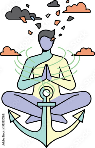 Mental Health and Grounding Concept Illustration of Person Meditating with Anchor and Chaos