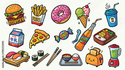 A vibrant collection of delicious and diverse food items, including burgers, fries, donuts, ice cream, sushi, and more, presented in a fun, cartoonish style.
