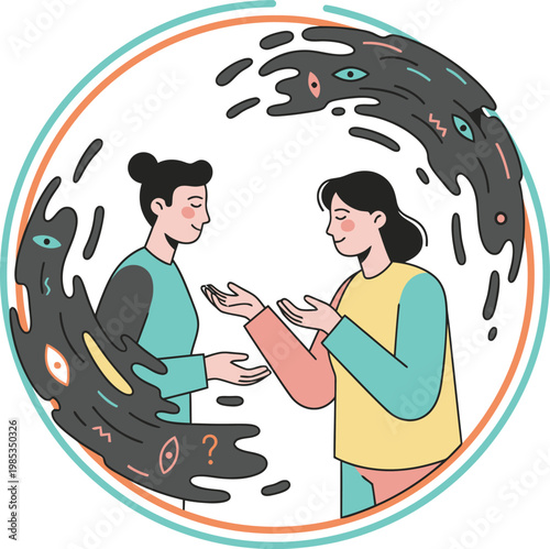 Mental health and social pressure concept illustration with women talking amidst judging eyes