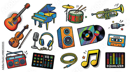 A vibrant collection of musical instruments and audio equipment, including a grand piano, guitar, violin, trumpet, drums, and various electronic devices.