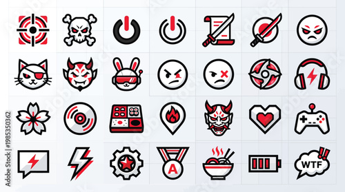 A collection of 30 stylized icons featuring gaming, danger, and emotion-related symbols in red and black.