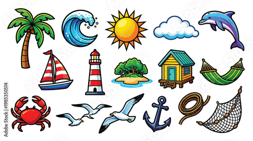 A vibrant collection of colorful cartoon-style illustrations depicting various elements associated with a tropical beach vacation and nautical themes.