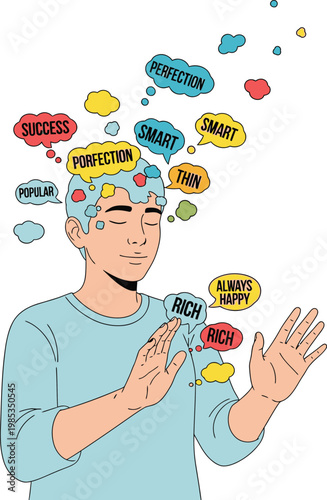 Mental health concept illustration of man pushing away social pressure and perfectionist thoughts