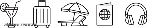 Travel and leisure icons a collection representing vacation essentials and relaxation activities