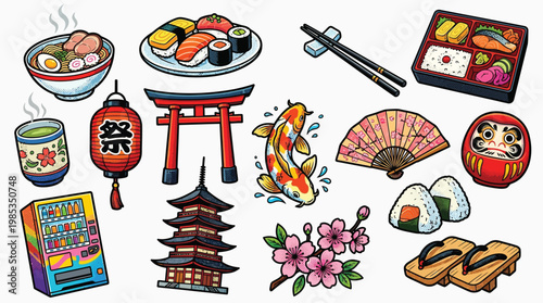 A vibrant collection of Japanese cultural icons and symbols, including food, architecture, and traditional items, presented in a colorful illustration.