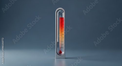 3D thermometer gauge render, vertical temperature indicator visualization, rising heat level concept, critical threshold meter UI, minimal measurement tube design, red zone warning