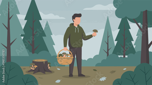 Man foraging for mushrooms in an autumn forest with a basket