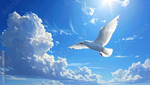 A seagull soars gracefully through a brilliant blue sky, bathed in sunlight. Fluffy clouds adorn the landscape, enhancing the feeling of freedom