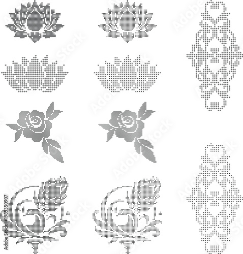 Floral dotted ornament set with rose, lotus and peacock elements in embroidery style. Rhinestone inspired decorative patterns for fashion, textile and creative projects.
