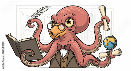 Octopus wearing glasses holding book globe.