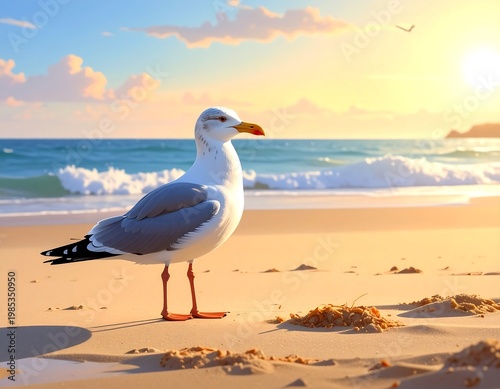 A seagull stands on a sandy beach, bathed in warm sunlight. The ocean waves crash gently, under a bright sky with soft clouds
