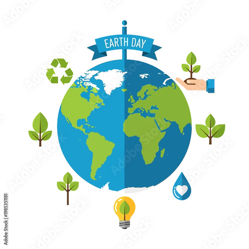 Earth Day Concept: Planet Earth with Recycling, Trees, Lightbulb, and Hand Holding Sapling