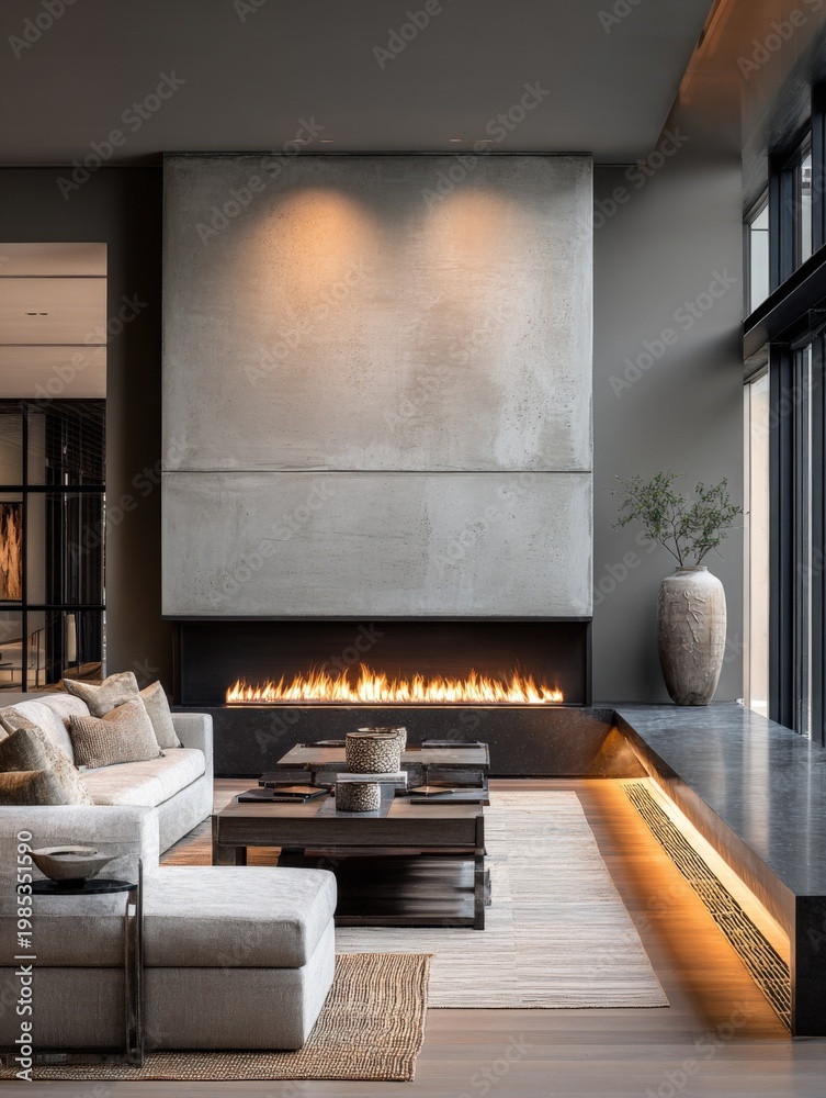 Obraz premium Modern Luxury Living Room with Sleek Fireplace, Plush Sofa, and Minimalist Decor