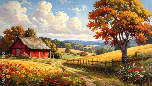 A serene countryside scene showing a red barn, golden fields, a tree ablaze with autumn colors, and rolling hills beneath a blue sky