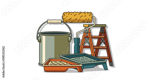Illustration of painting supplies including a bucket, roller, tray, and ladder on a white background with a colorful and organized composition.