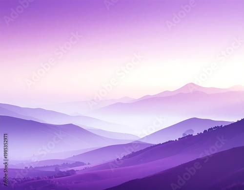 A serene landscape reveals layers of purple mountains fading into a pastel sky, creating a calming gradient. The mist softens the forms