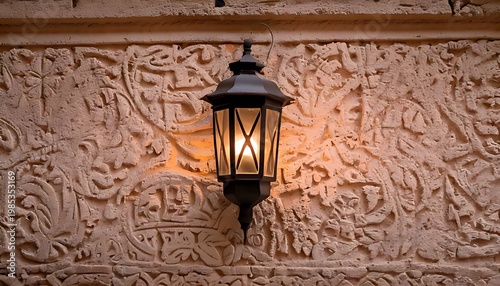 Ornate lantern glows against a carved wall, casting warm light on intricate relief patterns
