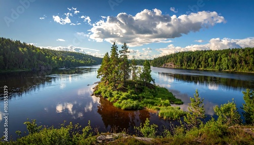 A serene landscape showcases a tranquil river meandering through lush, verdant forests and clear skies adorned with fluffy clouds, with an islet