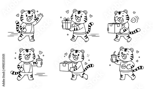 Fun tiger character doodle set for coloring book with greeting gift delivery and coffee cartoon outline vector