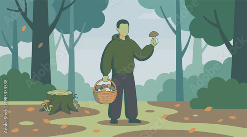 Man collecting mushrooms in autumn forest with a basket