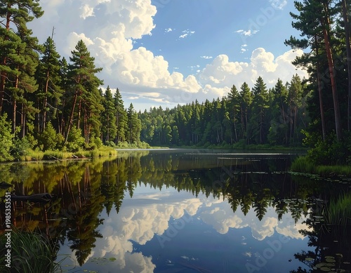 A serene landscape showcases a tranquil lake reflecting the sky and surrounding forest. Sunlight dapples the water