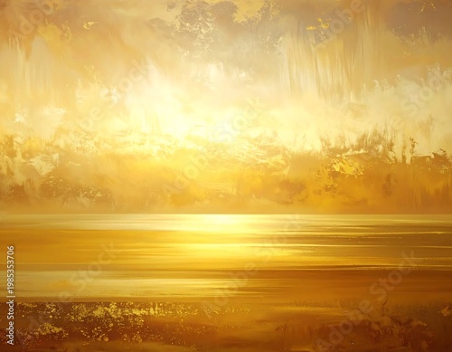 A serene landscape. The artwork features a golden sky with the sea below and a low horizon, all bathed in soft sunlight