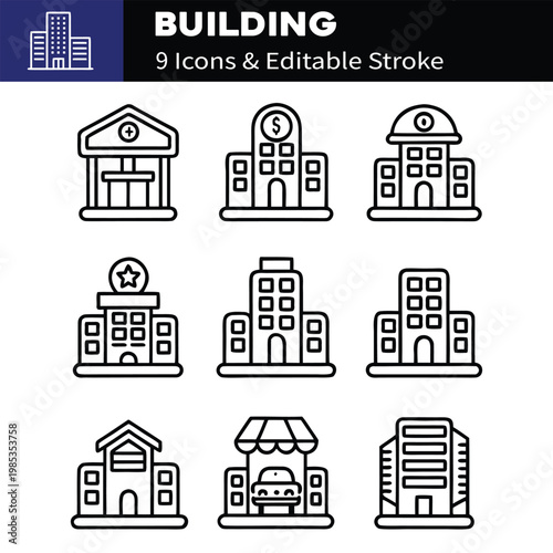Building web icons in line style. Hotel, hospital, apartament, city, town house, mall, coffee shop, collection. Editable stroke. Vector illustration.