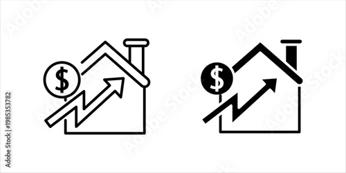Outline icon set. illustration of house with upward arrow and dollar symbol representing real estate investment, property growth, and financial success.
