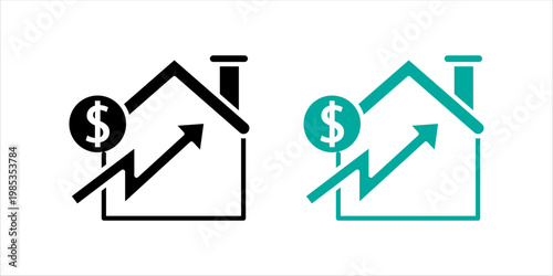 Outline icon set. illustration of house with upward arrow and dollar symbol representing real estate investment, property growth, and financial success.
