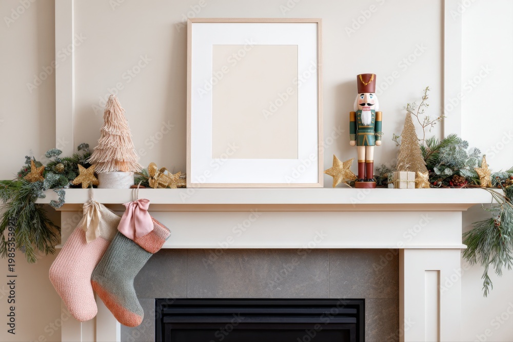 Naklejka premium Festive Christmas Mantelpiece Mockup with Empty Frame, Stockings, and Nutcracker Decoration