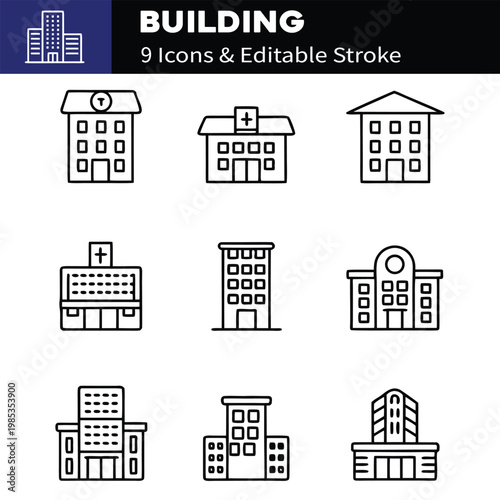 Building web icons in line style. Hotel, hospital, apartament, city, town house, mall, coffee shop, collection. Editable stroke. Vector illustration.