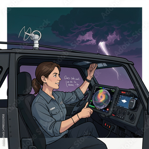 Storm Chasing Scientist Monitoring Tornado Formation with Doppler Radar in Field Vehicle