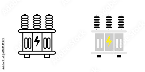 Minimal line icon of an electrical transformer representing power distribution, energy systems, and electrical infrastructure. Suitable for electricity, engineering, and industrial technology concept
