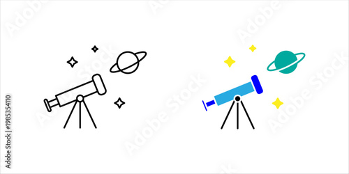 Minimal outline icon set. of telescope with stars and planet representing space observation, astronomy, exploration, and scientific discovery.