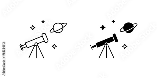 Minimal outline icon set. of telescope with stars and planet representing space observation, astronomy, exploration, and scientific discovery.