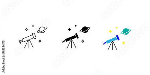 Minimal outline icon set. of telescope with stars and planet representing space observation, astronomy, exploration, and scientific discovery.