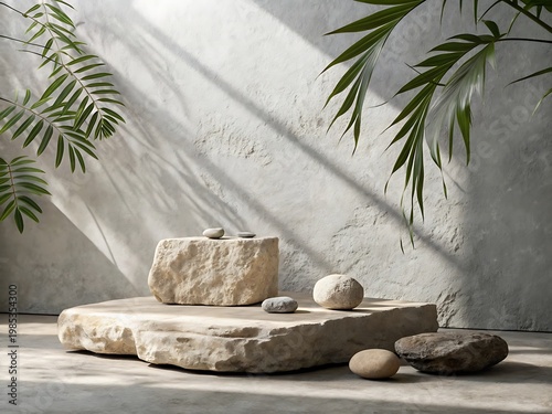 Natural Stone Pedestal with Pebbles and Palm Leaves in Sunlight Keywords: stone, pedestal, rock, pebble, palm leaf