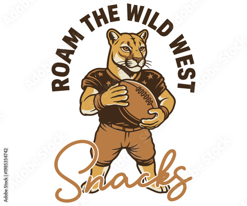 Wild West Roaming a fierce mountain lion the spirit of the wild west, clutching an American football.
