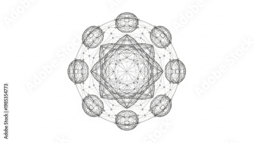 Geometric abstract circular pattern with intricate wireframe fractal design