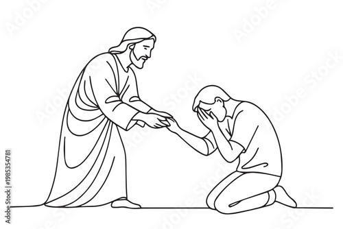A minimalist one line vector artwork showing Jesus lifting a man to his feet, expressing forgiveness and grace, created with a single continuous line and elegant simplicity.