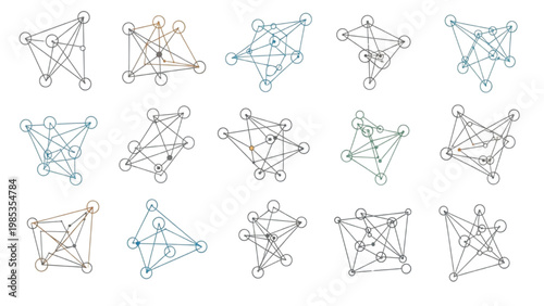 Diverse compilation of abstract network models, visualizing complex interconnected system architectures and data flows
