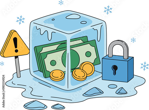 Frozen assets depicted with a locked ice block and warning sign, vector illustration symbolizing financial restriction, blocked funds, and security measures, ideal for banking, legal