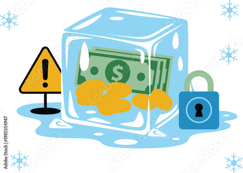 Frozen assets depicted with a locked ice block and warning sign, vector illustration symbolizing financial restriction, blocked funds, and security measures, ideal for banking, legal