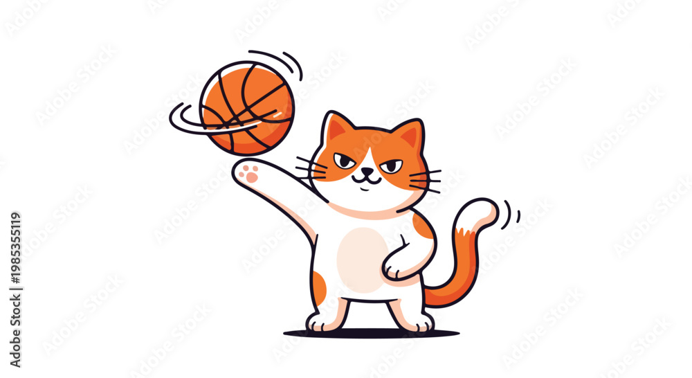 Fototapeta premium A cartoon orange and white cat playfully holds a basketball with one paw against a clean white background.
